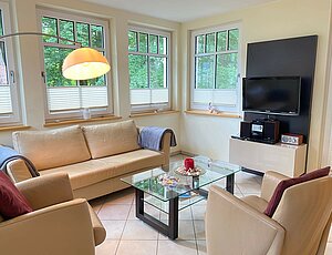 moderne Ledermöbel in der Ferienwohnung E4, Glastisch und TV