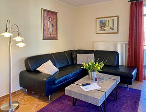 In der modernen Ferienwohnung 11 der Residenz Bleichröder Heringsdorf erwartet die Gäste eine bequeme schwarze Ledercouch