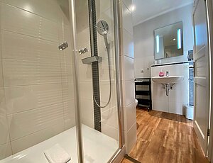 moderens Badezimmer der Ferienwohnung Kleine Anna mit Regendusche